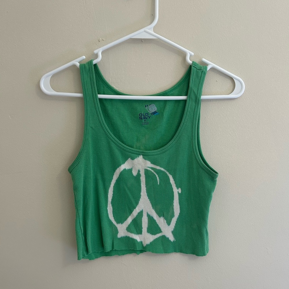 Green, Old Navy tank top with a bleached peace sign on it